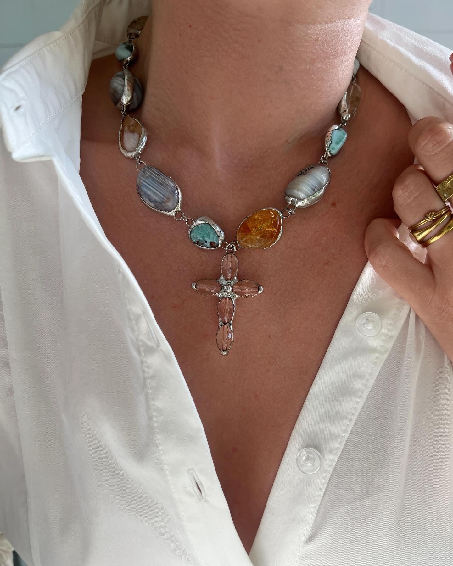 Silver gemstone cross necklsce