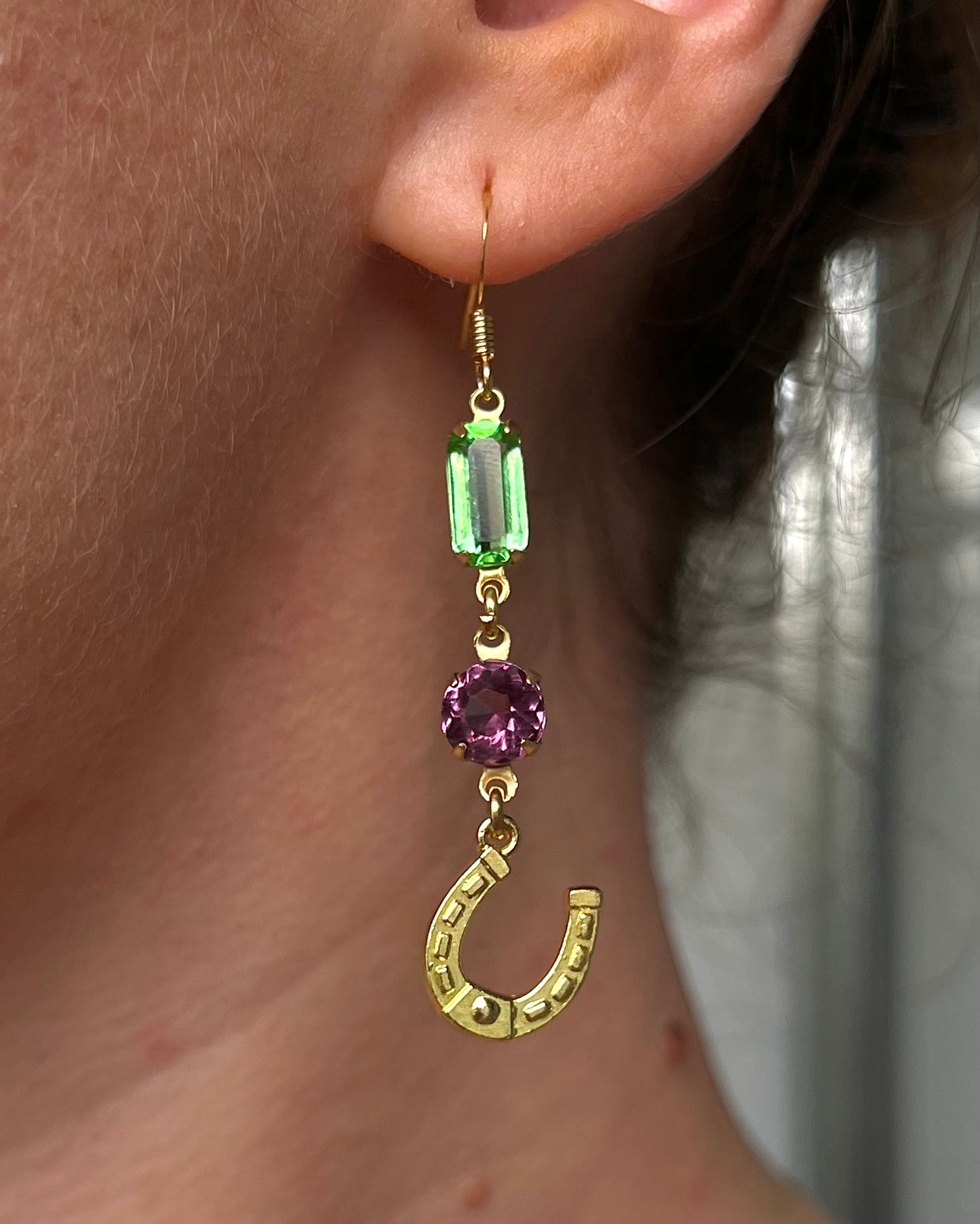Green + Purple lucky horseshoe earrings