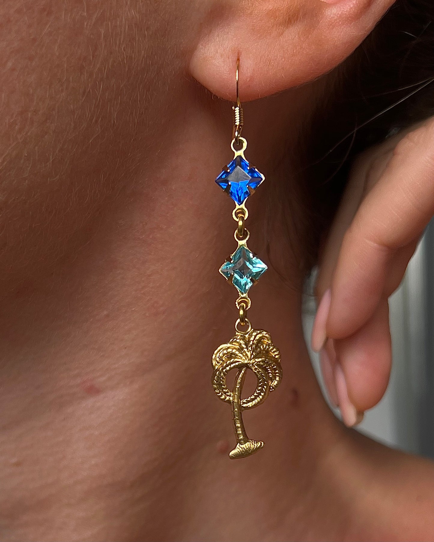 Blue diamond palm tree earrings