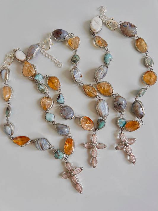 Silver gemstone cross necklsce