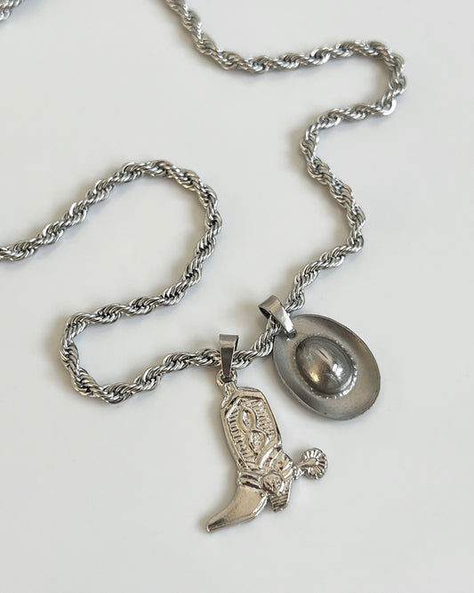 Cowboy hat + boot necklace silver