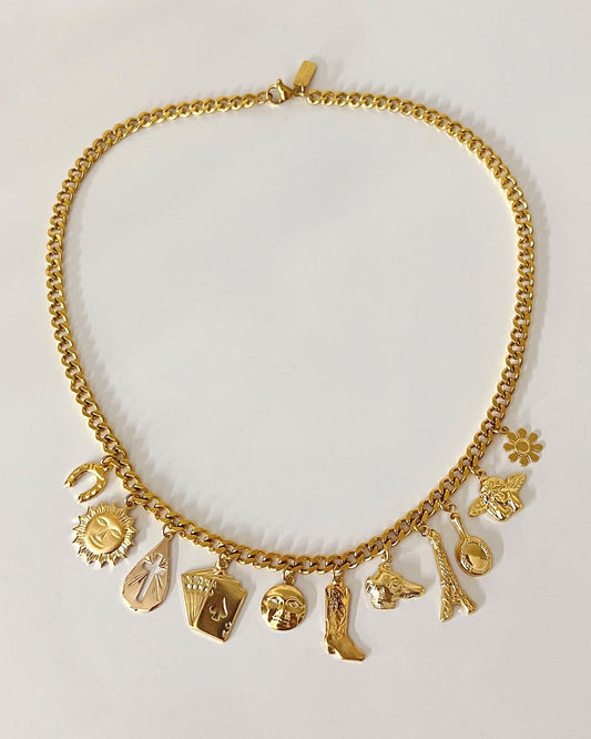 Multi-charm gold necklace