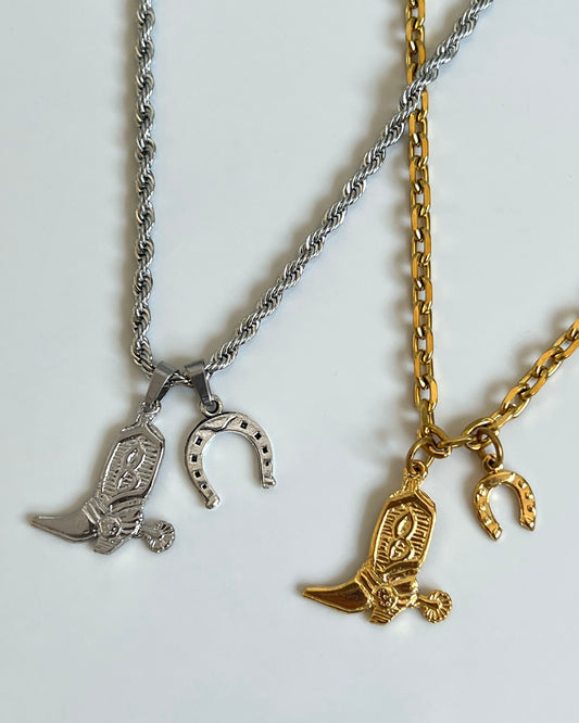 Cowboy boot + horseshoe necklaces