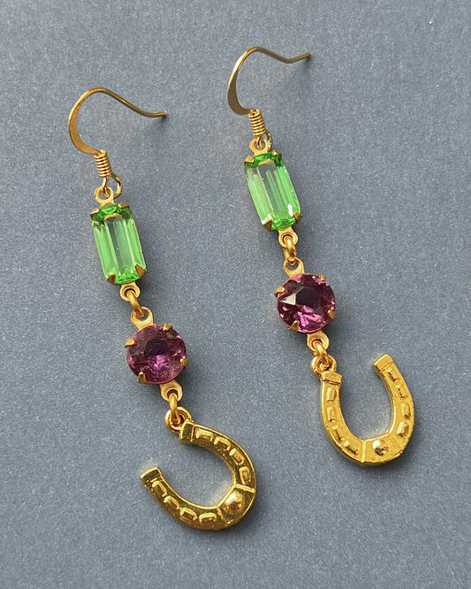 Green + Purple lucky horseshoe earrings